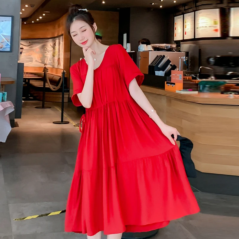 

Spring/Summer New Women's Dress Large Size Loose Slimming French Mid-Length Short Sleeved Red Dress