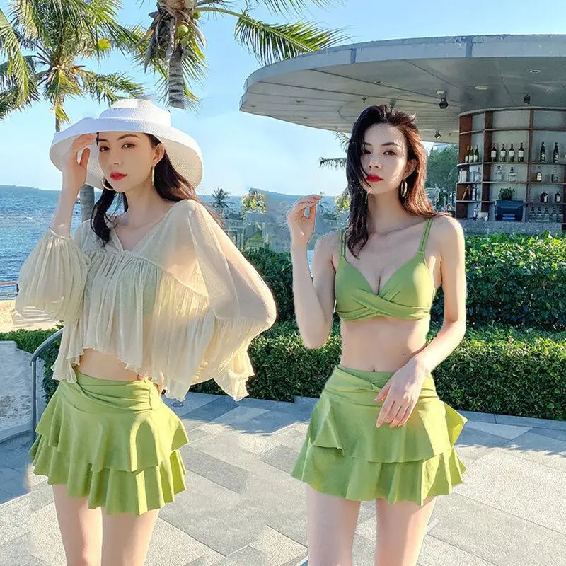 

2021 New Korean High Waist Two Pieces Bikini Set Swimsuit Women Beachwear Sexy Backless Swimwear Bather Bathing Suit Swimskirt