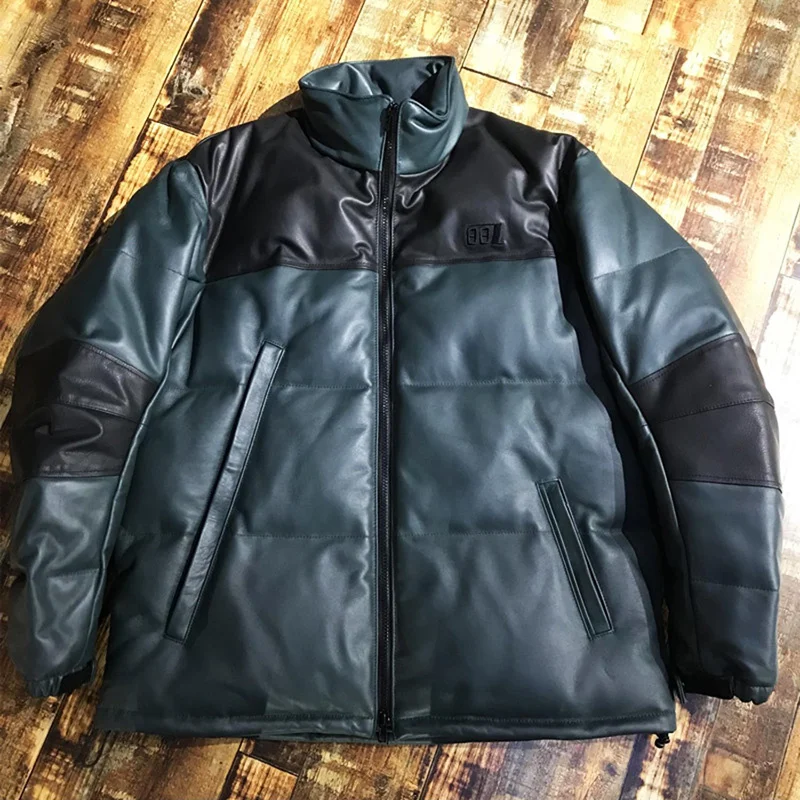 

Мужской пуховик из натуральной кожи, с воротником-стойкой