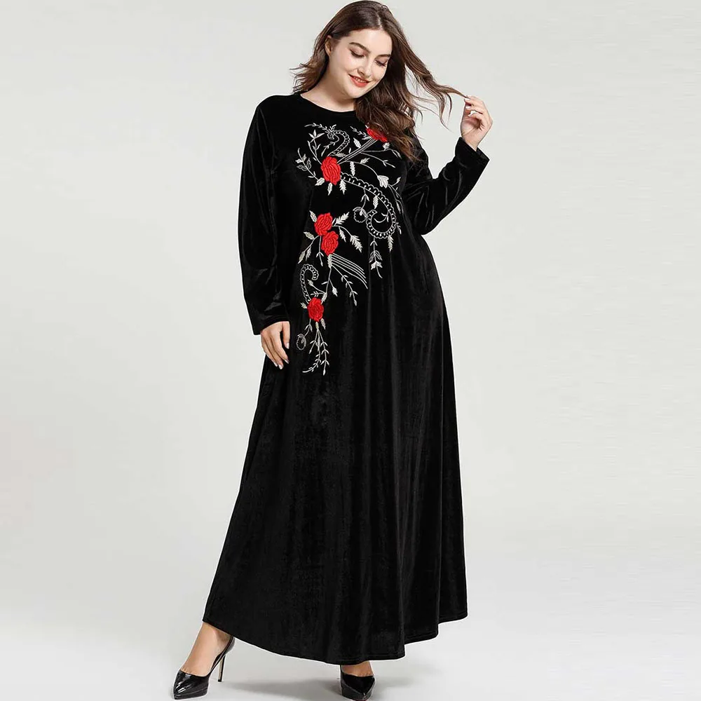 Зимнее бархатное платье для женщин мусульманские платья с вышивкой цветочные