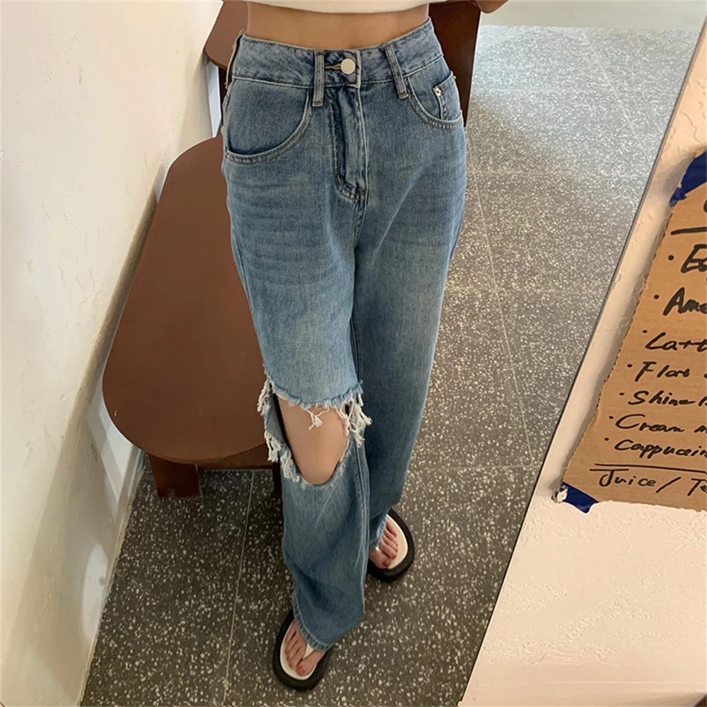 

Harajuku Autumn Hole Straight Loose-Fitting Stylish Women Jeans Cowboy Denim Pant OL Chic Casual Femme Slim Wide Leg Trousers