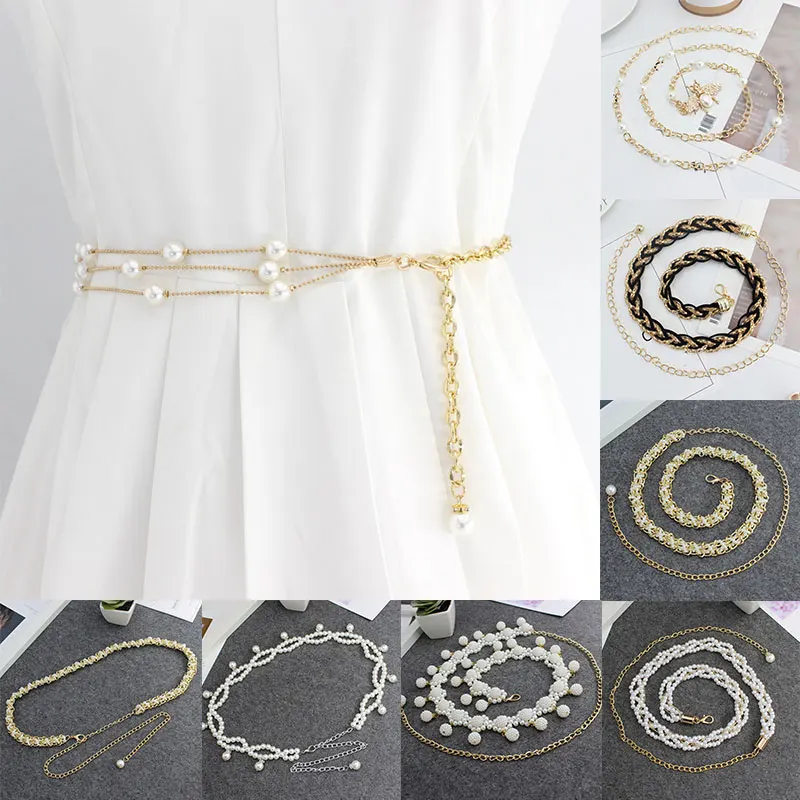

1Pcs Women Waist Chain Dress Decorative Waist Belt Pearl Decorative Metal Belt Belt Silver Gold Beaded Hook Thin Waistband