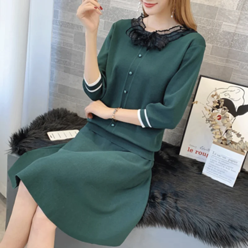 Женский комплект 2 шт. вязаный костюм Ms. Fashion тонкая рубашка вышитый свитер сумка бедра бахрома половина юбка из двух частей женская одежда