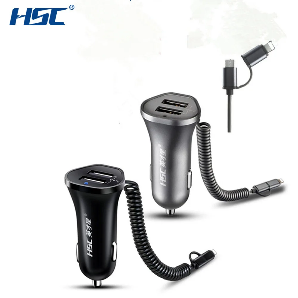 

HSC HSC-104 2.4A Dual USB Spring Line 130cm Charger Fast Car Charger Smart Charger Adapter 12V-24V for Android for Iphone Hot