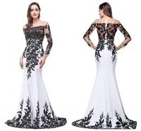khr sexy mermaid evening gowns for women black appliques full sleeves floor length sweep train illusion white evening dress