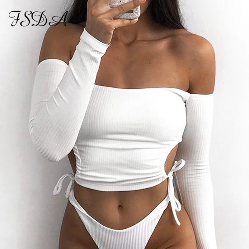 Женский укороченный Топ с длинным рукавом FSDA белый топ открытыми плечами и