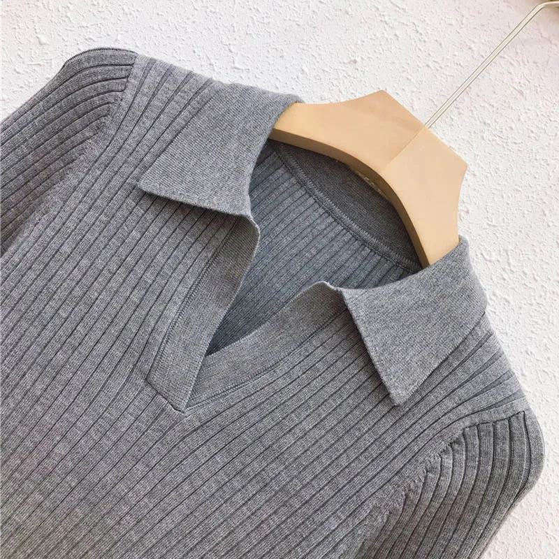 Женская трикотажная рубашка-поло с V-образным вырезом и длинным рукавом | одежда