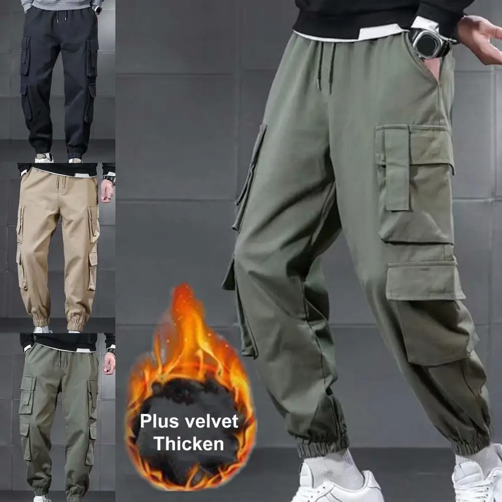 

Autumn Man Pants Hip Hop Harem Joggers Pants Fleece Elastic Waist Thicken Multi Pockets Cargo Pants for School Streetwear