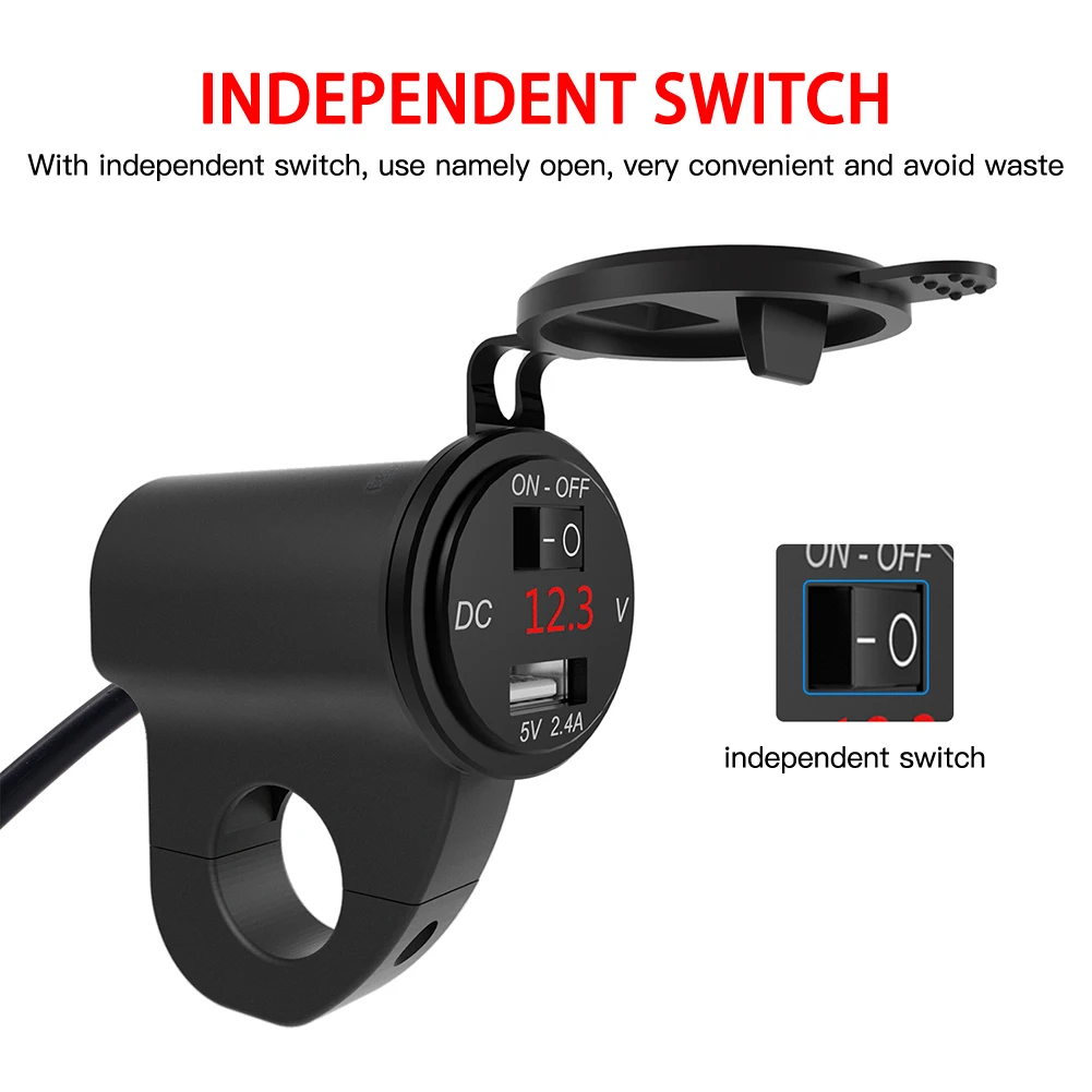 

New 2.4A Car USB with Power Off Switch Upgrade Motorcycle Aluminum Alloy Waterproof Mobile Phone Charger Digital Display Voltage