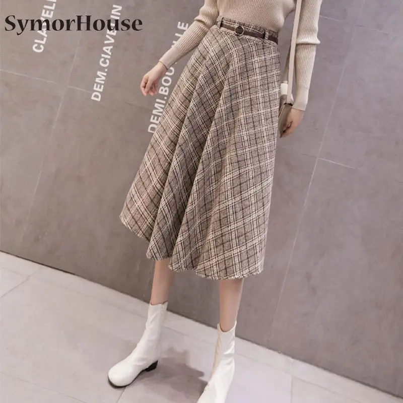 

Женская осенне-зимняя шерстяная юбка, новинка 2021, клетчатые юбки, женские юбки с завышенной талией, трапециевидные юбки с поясом для женщин