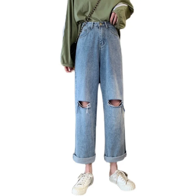 

Real Shot Autumn High Waist Slimming Holes Denim Length