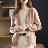 spring and autumn pure wool cardigan womens v neck basic long sleeved loose top solid color knitted outer tower sweater jq 132