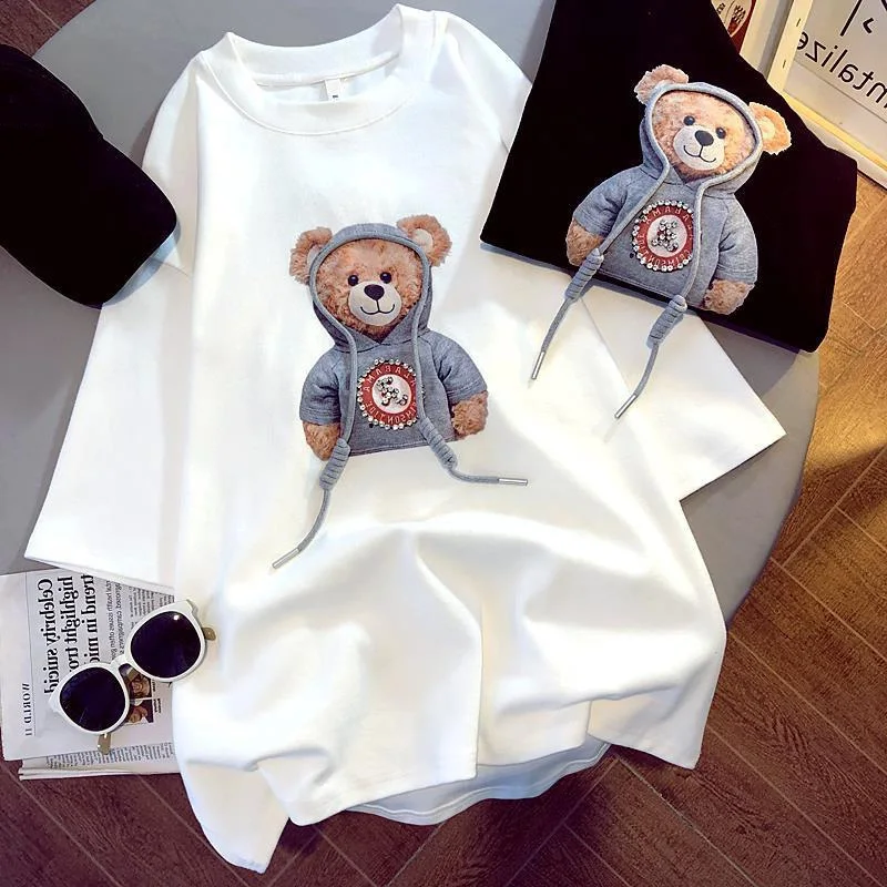 

Women Kawaii t Shirt Summer Rhinestone Loose Short Sleeve Cotton 3D Bear Print Crewneck Tee Casual Pullover Korean Top
