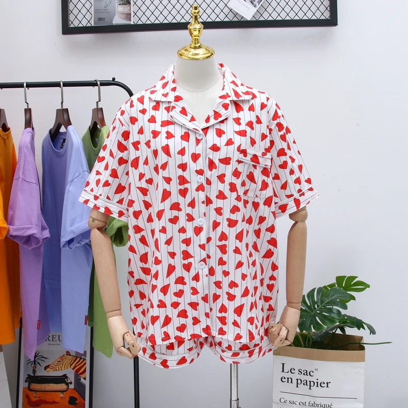 Женская одежда для сна комплект пижам в полоску с сердечками Харадзюку Кави