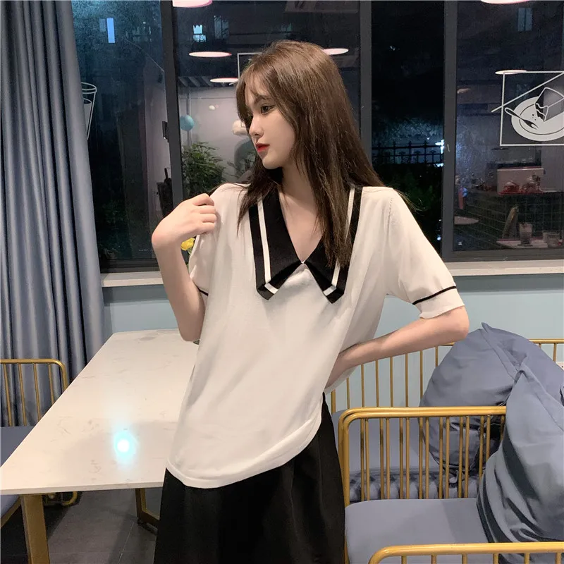 

New Summer New Short Sleeve T Shirts Women Clothing Sweet Style Korean Causal Tees Loose Patchwork V-neck Ladies Tops Hipster