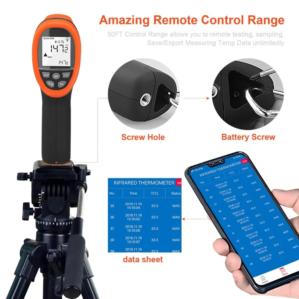 BTMETER BT 985C APP цифровой Бесконтактный инфракрасный термометр 58 to1472 ℉ (от 50 до 800 ℃)