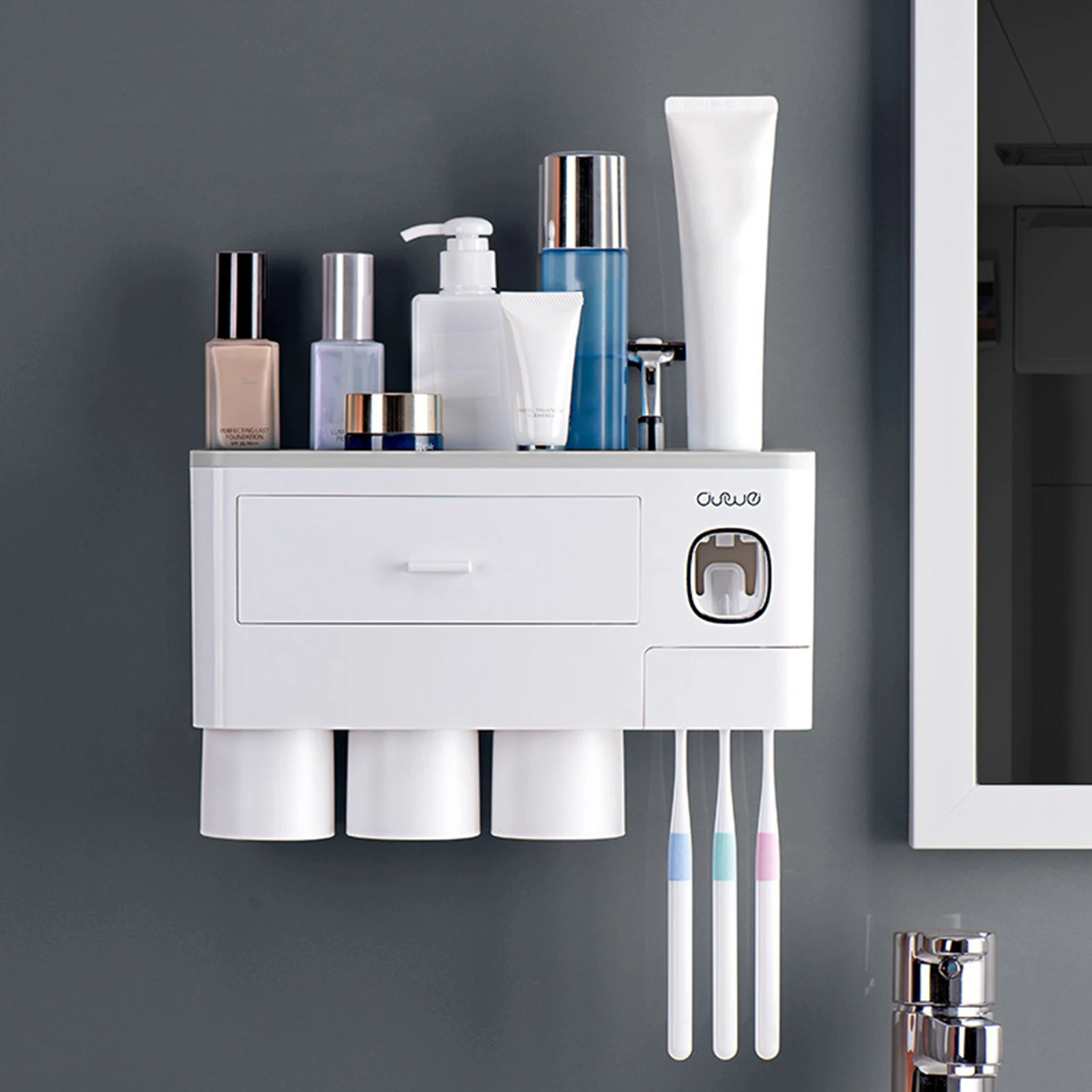 

Punch-Free Wall Mounting Toothbrush Holder Automatic Toothpaste Squeezer Bathroom Rack Organizer Drawer