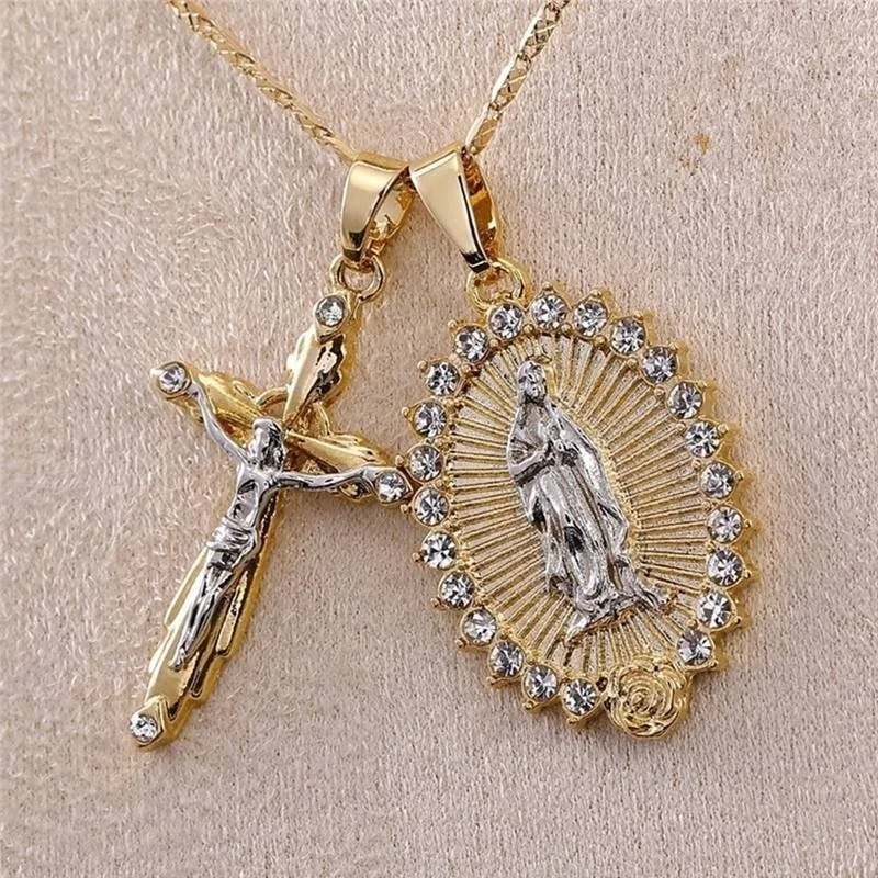 

Women Men Gold Plated Cross Crucifix Necklace + Virgin Mary Necklace Crucifix Jesus Pendant Necklace Faith Necklace Jewelry