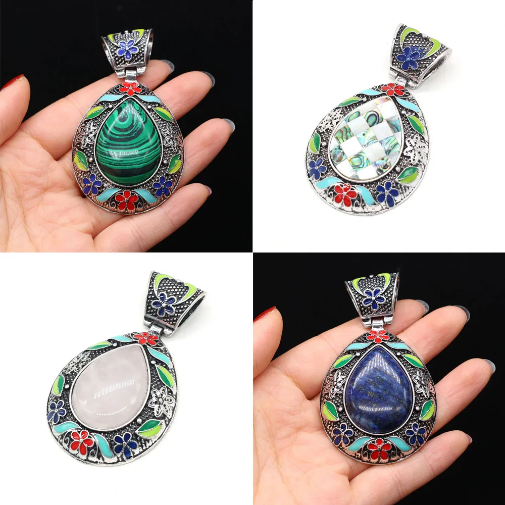 

Natural Stone Pendant Antique Silver Color Lapis lazuli Malachite Crystal Charm Vintage Pendant for DIY Necklace Jewelry Making