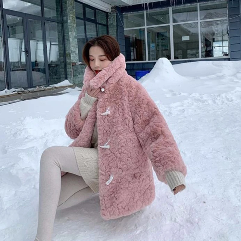 

Overcoat Pressed flowers Rabbit fur Ladies Thick Fur Outwears Women Winter Warm Horn Button Coat Vintage Female Long Faux Fur