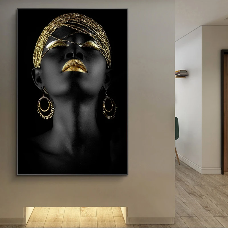 

African Golden Lips Woman Art Paintings on The Wall Art Posters and Prints Canvas Prints Pictures Cuadros for Living Room Decor