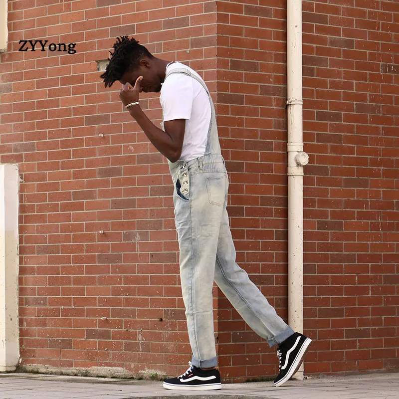 2021 Overalls Men's Bib Jeans Denim Jumpsuit Large Hip Hop Street Wear Fashion Pocket Loose Pants Light Blue Trousers