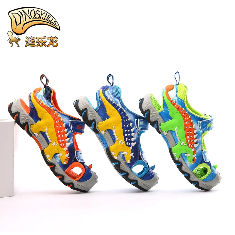 DINOSKULLS летние сандалии для мальчиков светящиеся кроссовки динозавра LED пляжные кожаные резиновые