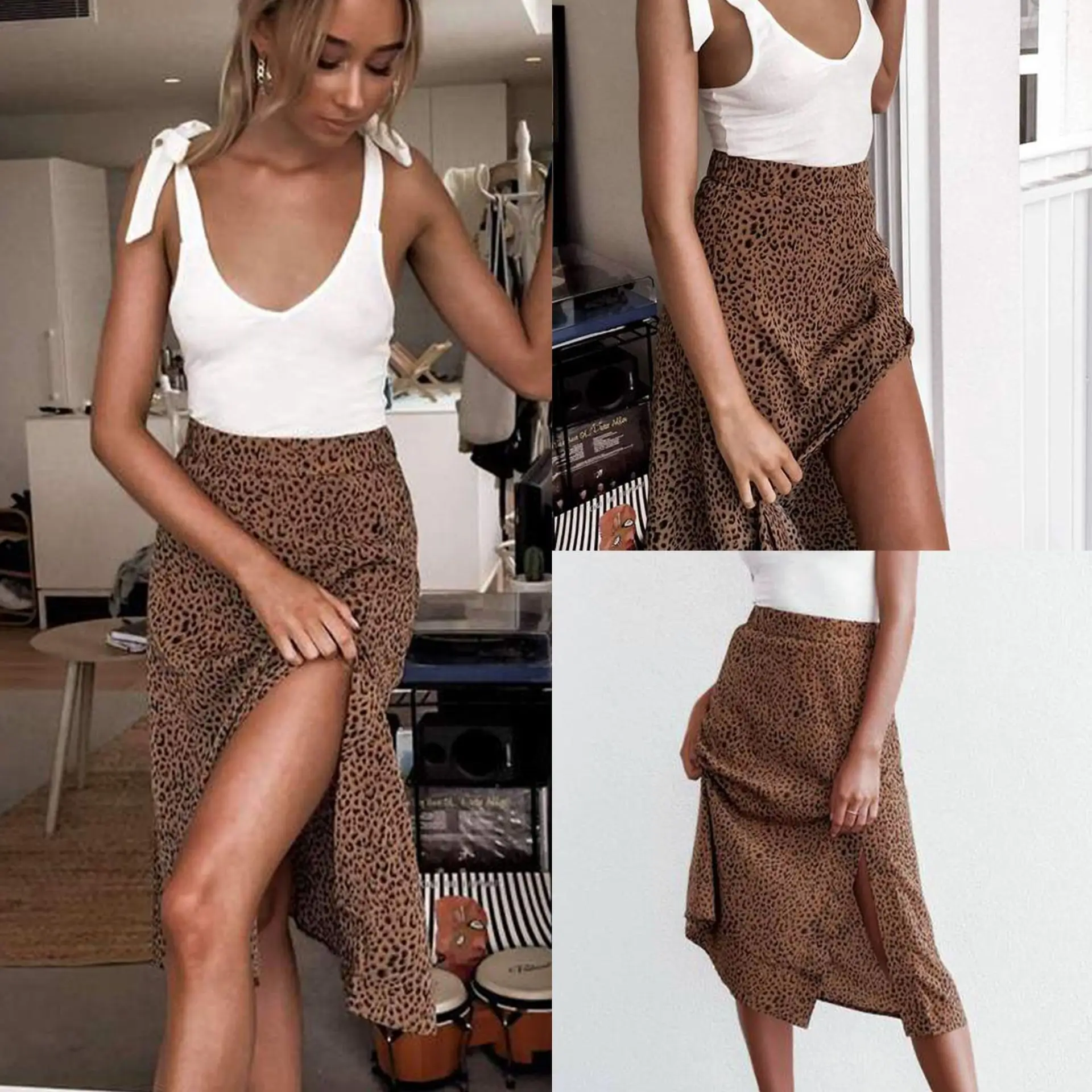 2019 Женская юбка с высоким разрезом Летняя Повседневная Коричневая леопардовая