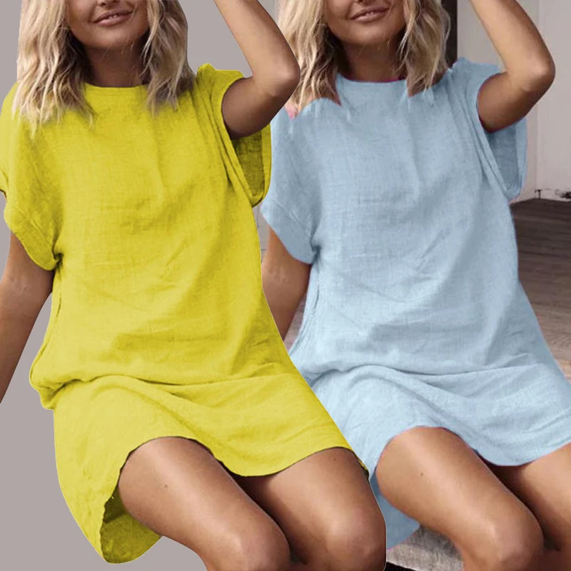 Женское летнее свободное короткое платье с круглым вырезом 9 цветов