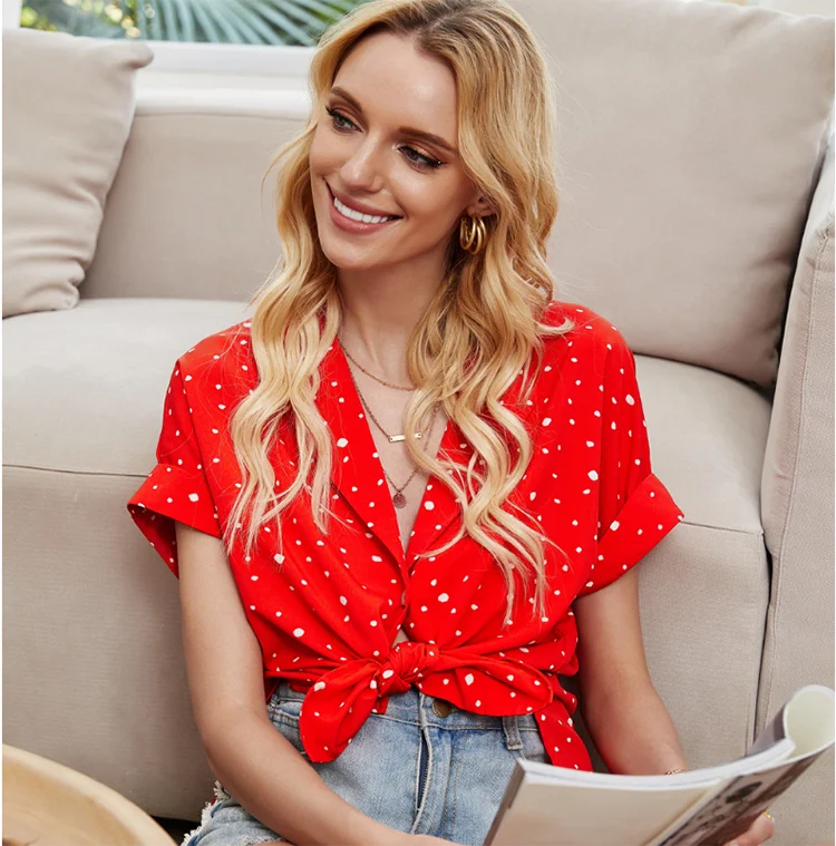 

Summer 2020 New Red Polka Dot Shirt Women's V-neck Printed Shirt Short Sleeve Jacket Suit Shirt