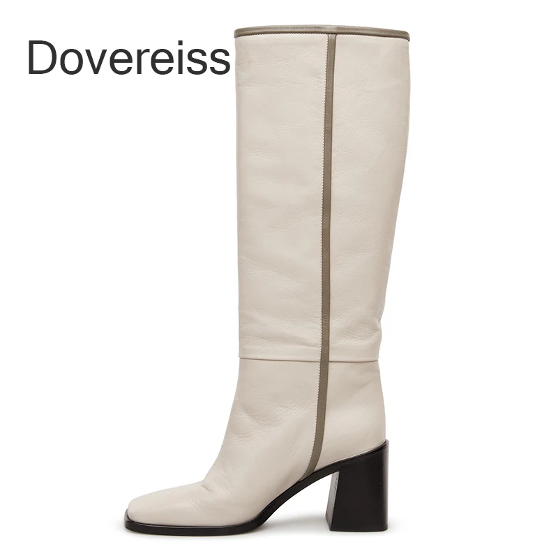 

Dovereiss Fashion Female Boots Winter Sexy Elegant White Square To Chunky Heels Genuine Leather Knee High Boots New 40 41 42 43