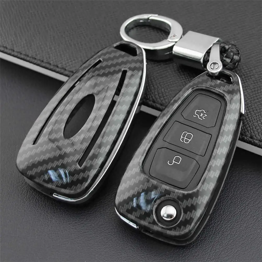 

Car Key Shell Remote Control Bag Protective Cover ABS Carbon Fiber With Key Chain For Ford Focus/Escape/Kuga 2012-2019