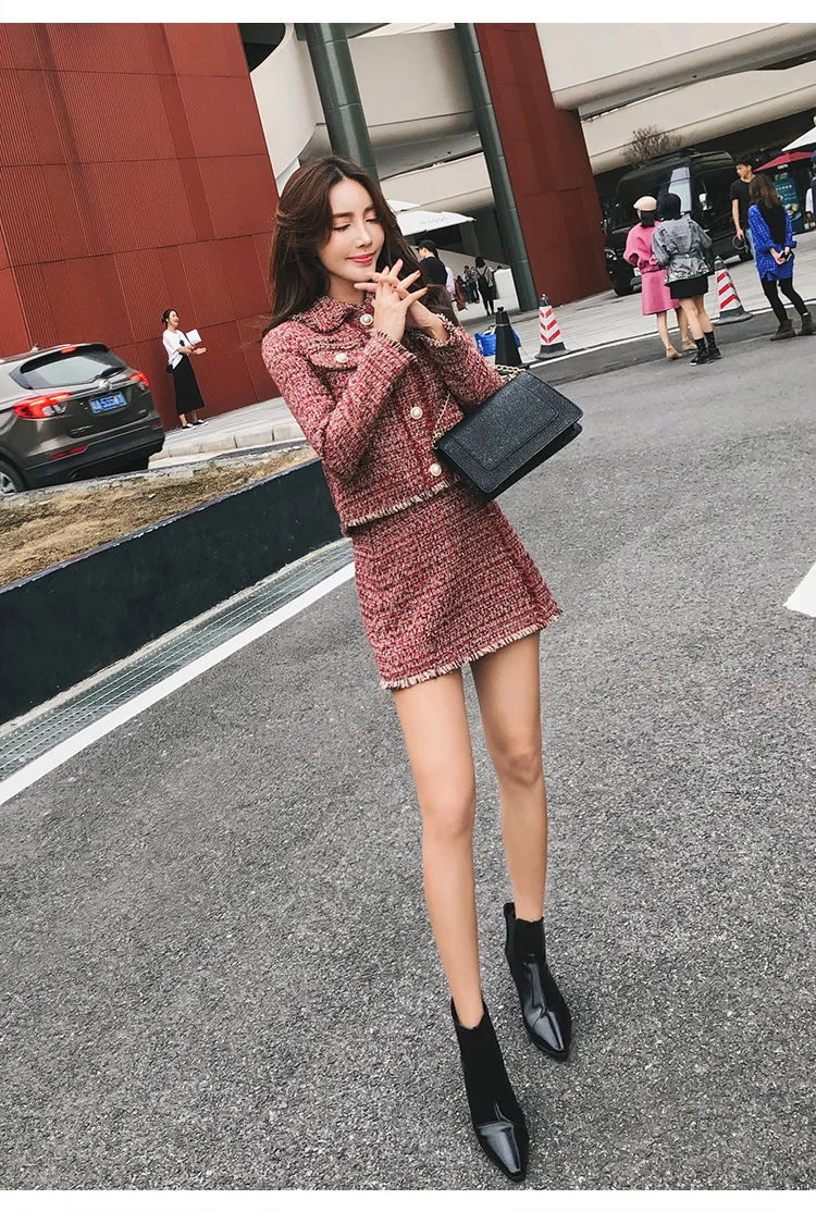 Women Skirt Sets Winter Europe Ladies Tassel Woolen Tweed Jacket+ Short Skirt Suits Elegant Two Piece Womens Clothing Sets