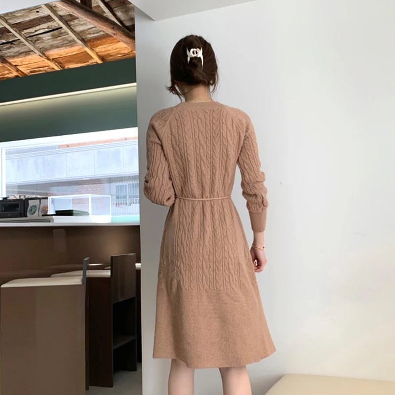 

Han edition winter round collar waist hemp pattern knitting with MAO qiu knitting sweater dress