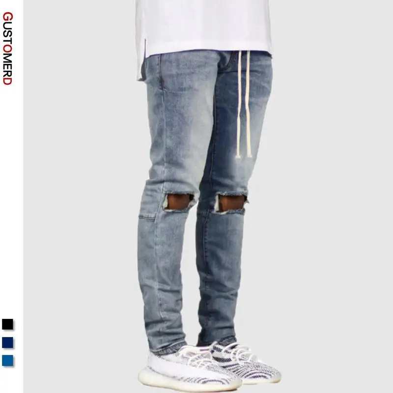 Джинсы мужские однотонные с дырками на завязках демисезонные|Мужские джинсы| |