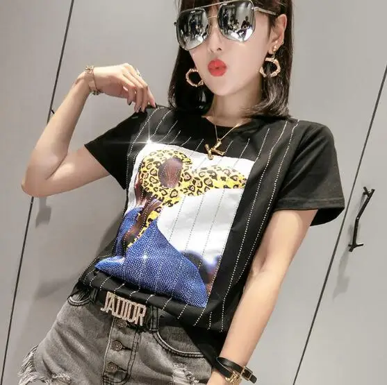 

Fashion Short Sleeve T shirt Women Tops Summer Vintage White Rhinestone Print Tshirt Woman Korean Clothes Black Tee Shirt