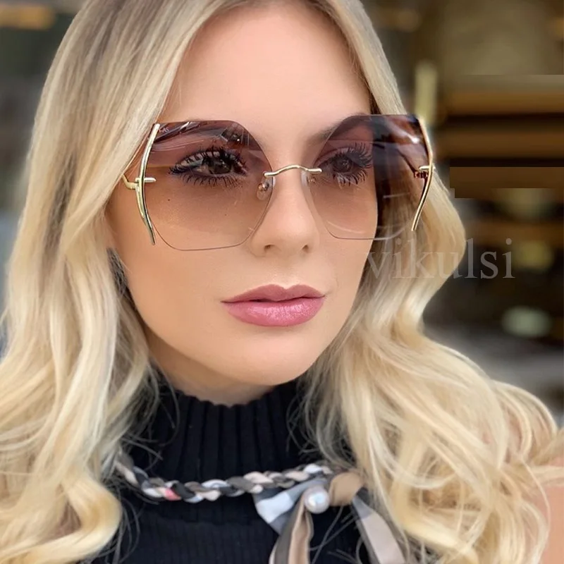 

Luxury Oversized Sunglasses Women Rimless Gradient Tea Shades Fashion Cut Polygon Sun Glasses Female Metal frame Trend Sunglass