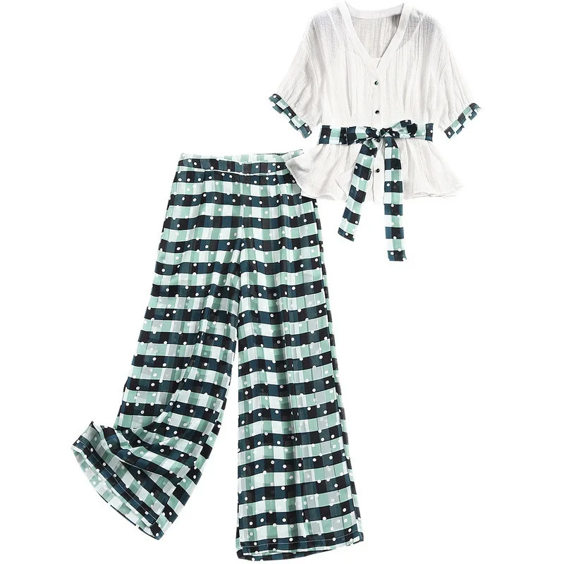 

Women elegant wide leg pant suit new 2020 spring summer bandage tops sashes blouse chiffon 3 pieces set