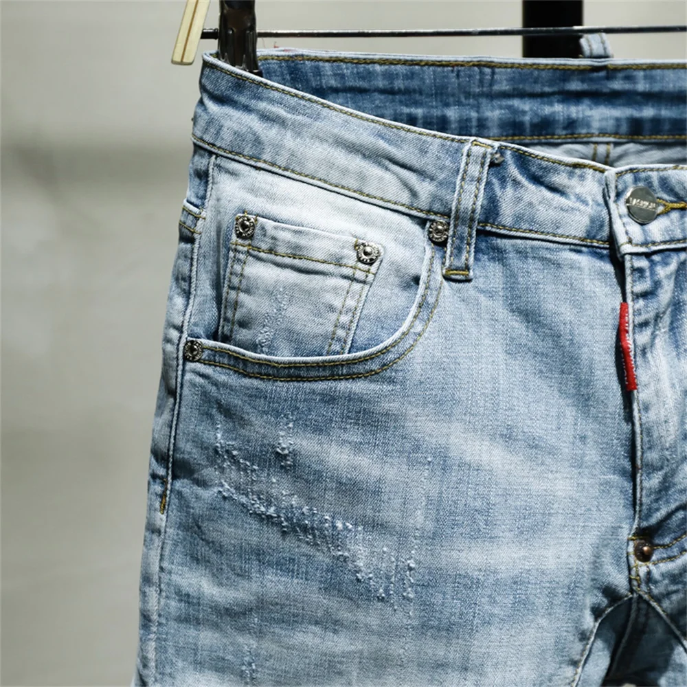 EH · MD® Triple Stitching Jeans Men's Large Leather Label Soft Casual Cotton Loose Scratch Trousers Holes Red Ears 2022 High-end