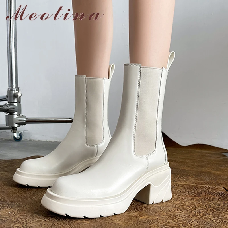 

Meotina Women Mid-Calf Boots Genuine Leather Platform Thick High Heel Chelsea Boots Round Toe Lady Footwear Autumn Winter White