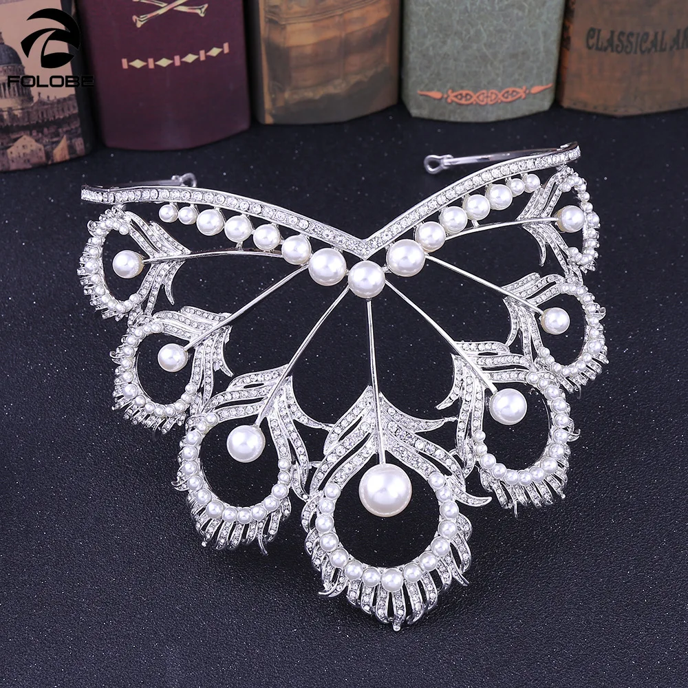 Peacock feather crown bride wedding accessories headwear evening prom party with pearls H1159 | Свадьбы и торжества