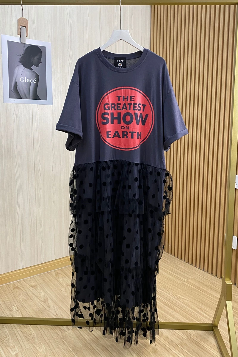

Summer 2021 Korean Style Letter Short Sleeved T-shirt Stitching Lace Flocking Dot Polka Dots Cake Dress Dress