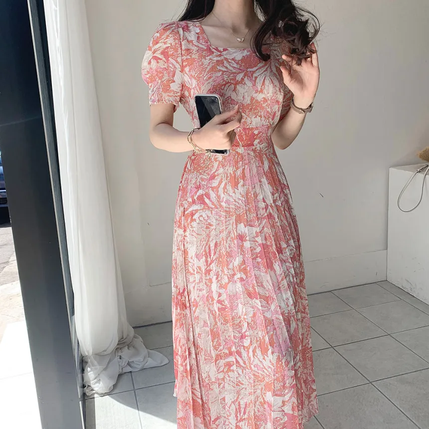 

Summer Women'S Printed Chiffon Long Elegant Dress Korean Version Y2k Fashion Square Neck Tie Pleated Short-Sleeved Dress Woman