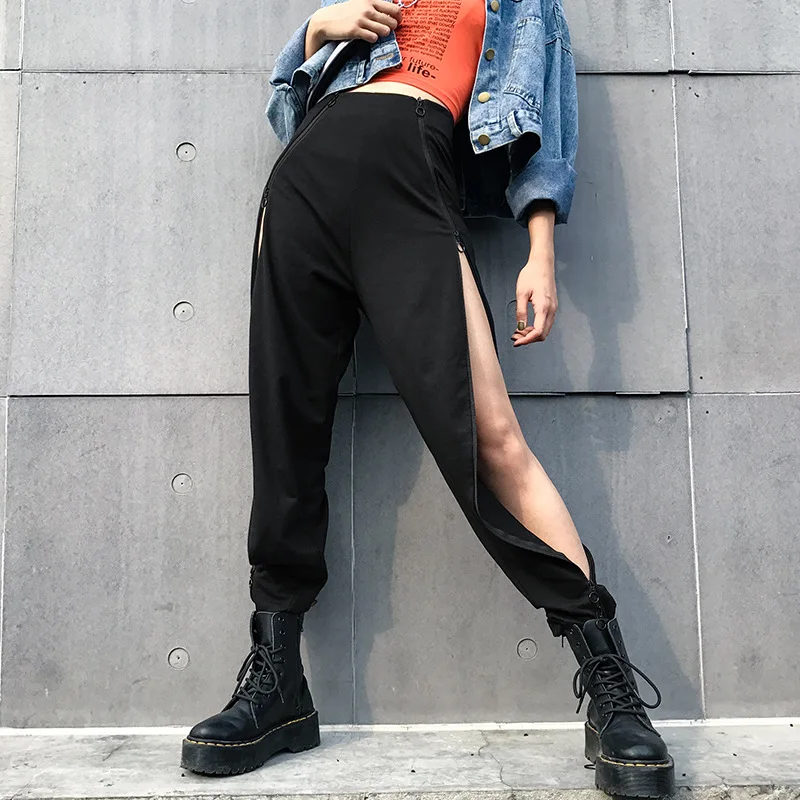 

Adora Casual Solid Women's Zipper Straight Pants Fashion Side Slit Zip Up Women Trousers Streetwear Slim Sexy Long Pant