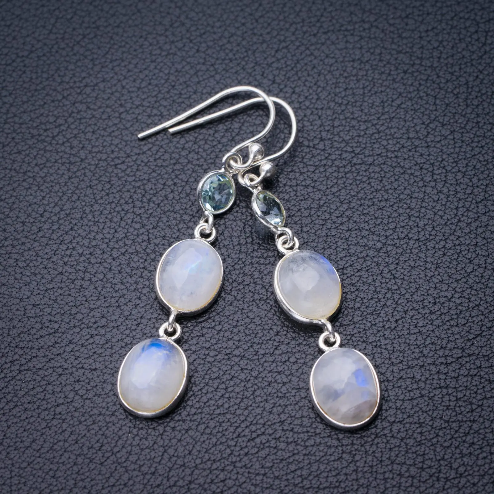 

StarGems натуральный цвет радуги лунный камень и голубой топаз ручной работы 925 стерлингового серебра серьги 2 "D7268