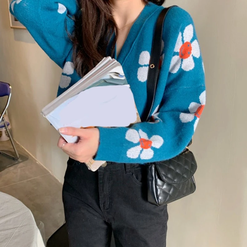 RealShe осенние свитера для женщин v-образный вырез длинный рукав пуговицы цветочный