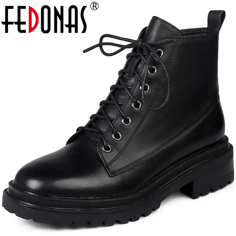 

FEDONAS Leather Motorcycle Boots For Girls Genuine Leather Chunky Heels Shoes Woman Heels 2021 Winter Basic Party Ankle Boots