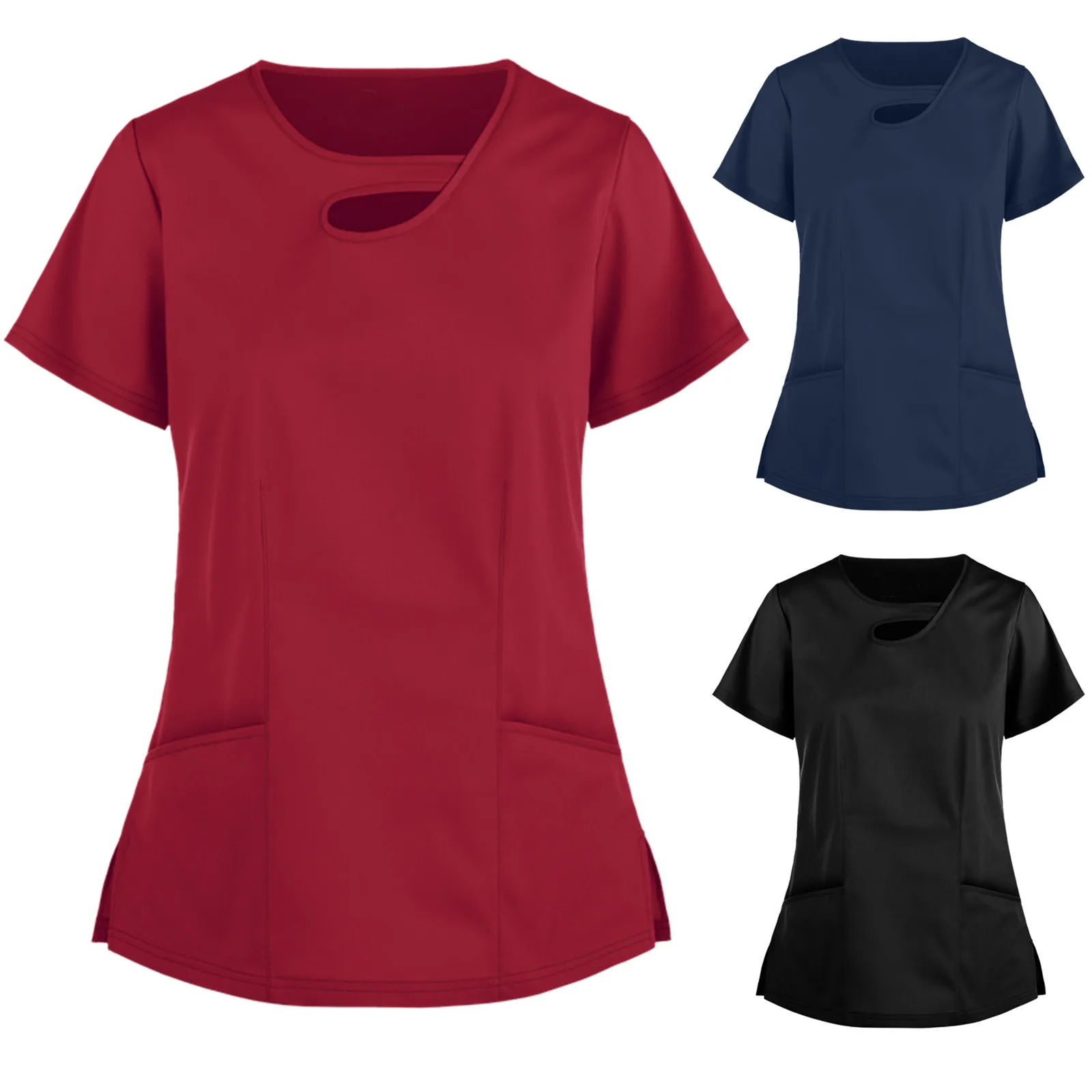 

Health Care Workers Work Uniform Women Short Sleeve Solid V-Neck T-Shirt With Pocket Nursing Scrubs Tops Gorro Enfermera A50