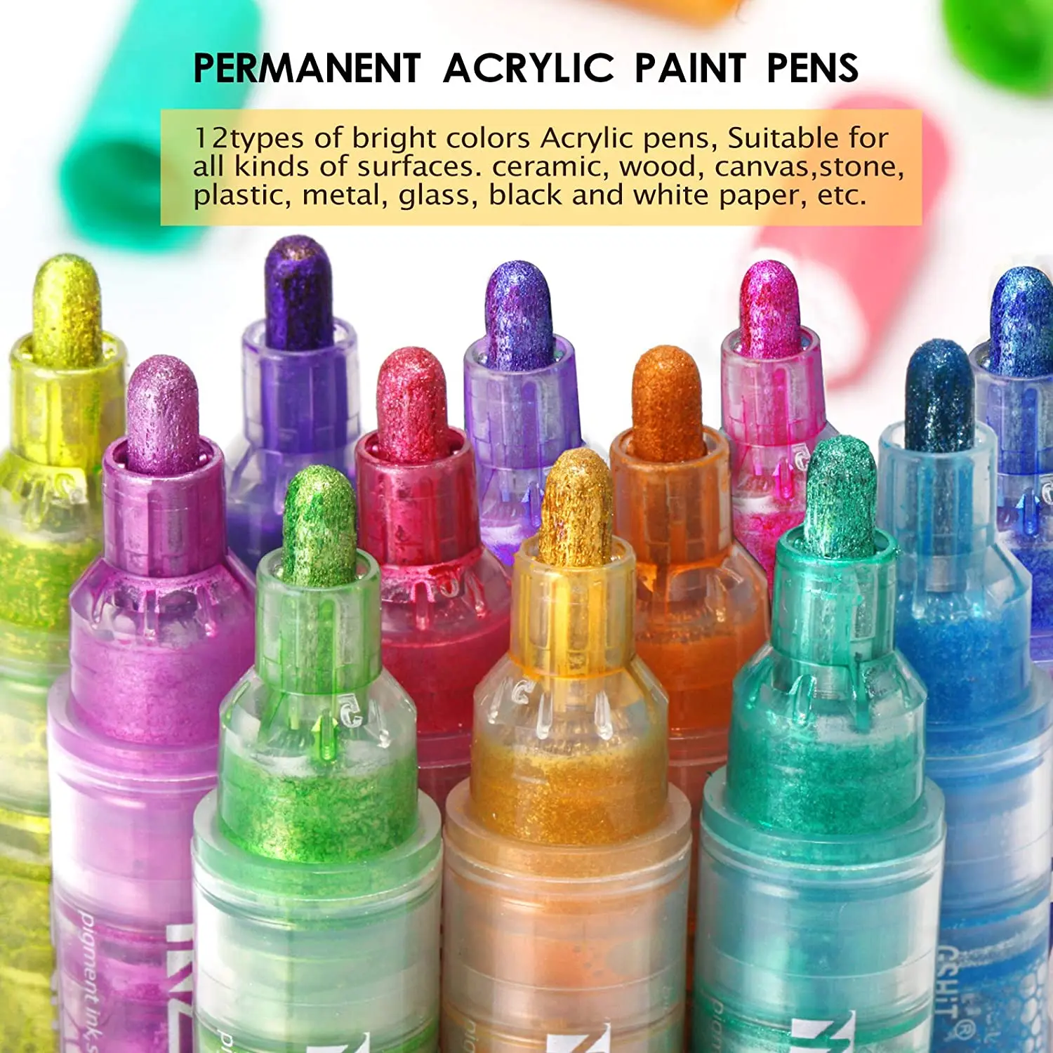 High Capacity 12 Colors Neon Permanent Acrylic Paint Marker Pen for Fabric Canvas Porcelain Mug Wood Polishes Metal Graffiti Pen