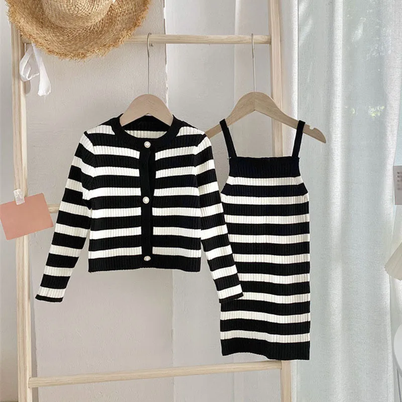 Girls Knitted Striped Sweater Two-Piece Set Black And White Stripes Autumn Winter Baby Cardigan Sweater + Suspender Dress Suit